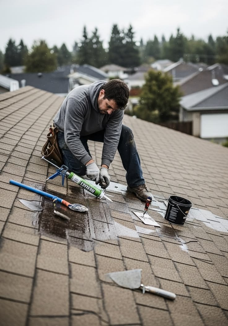 Roof leak repair addressing ceiling water damage
