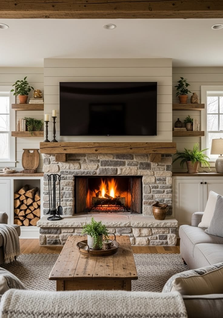 Remodeled brick fireplace with a new mantel