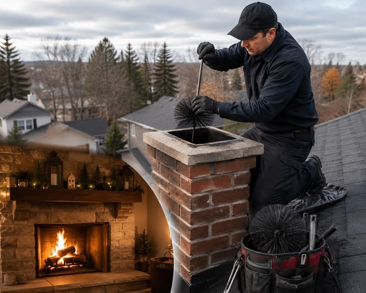DIY chimney cleaning with a brush and extension rods